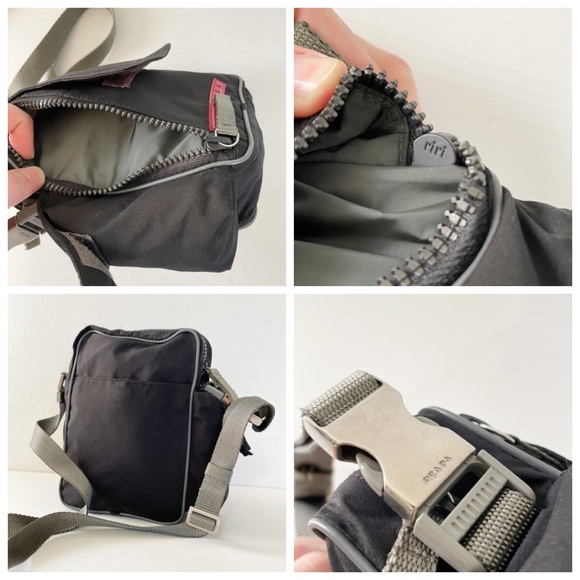 Prada 90s archive black tech fabric gray trim small multi pocket crossbody bag - Picture 4 of 9